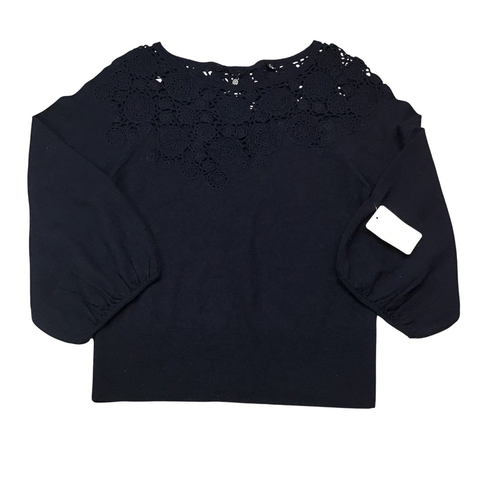 Knitted‎ & Knotted Anthropologie Navy Blue 100% Wool Crochet Lace Neck Sweater S